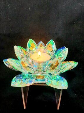 AB Faceted Crystal Lotus Flower Tealight Candle Holder